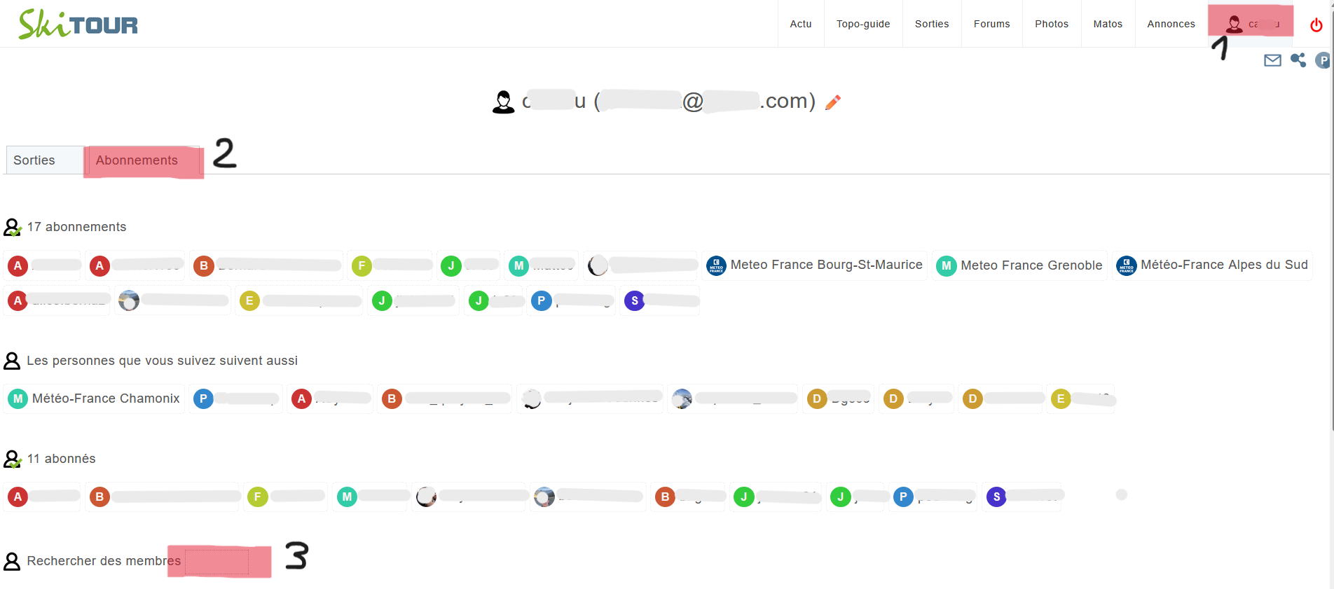 Capture d'écran illustrant le processus de recherche d'un compte sur skitour.fr