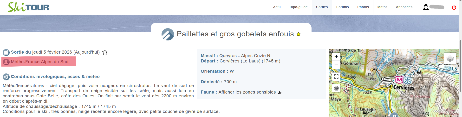 Capture d'écran soulignant le nom du compte auteur d'une sortie sur skitour.fr