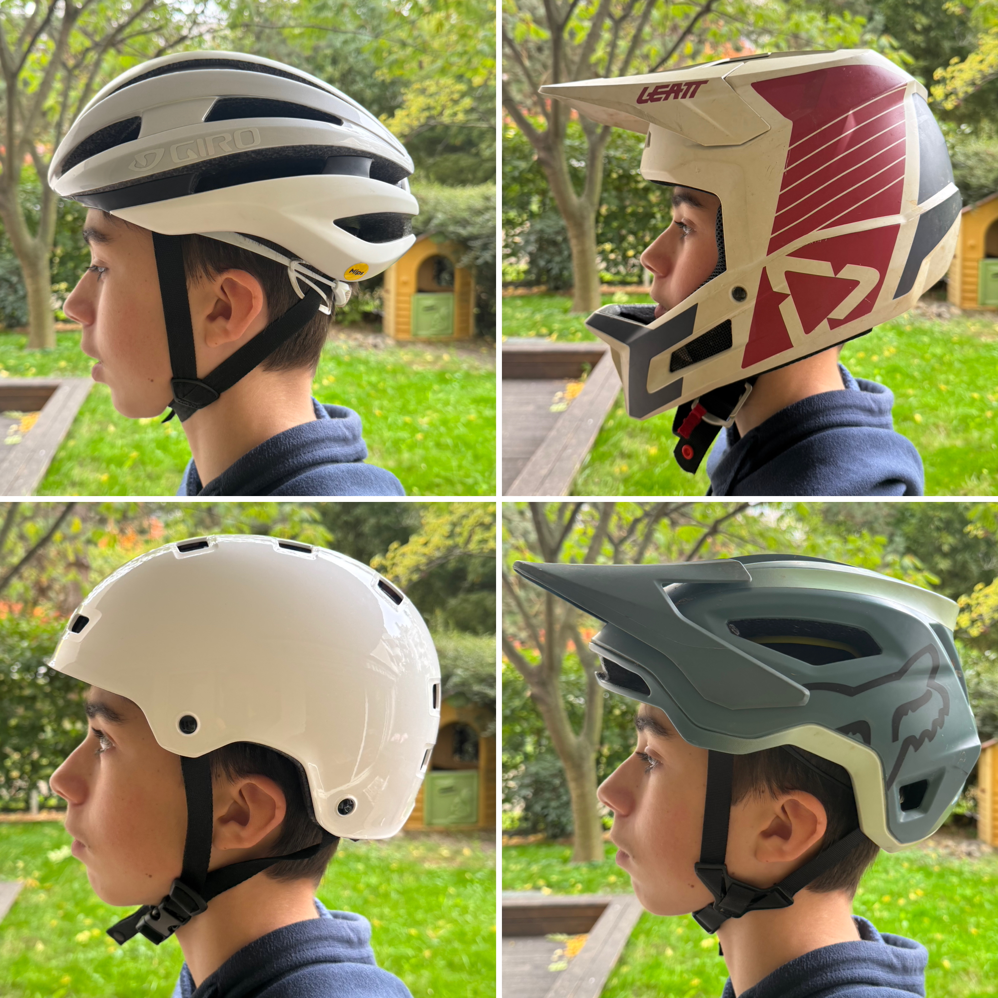 Mosaïque photo présentant 4 casques différents répondant à la norme EN1078: un casque de vélo de route peu couvrant, un casque intégral, un casque bol et un casque de VTT avec visière.