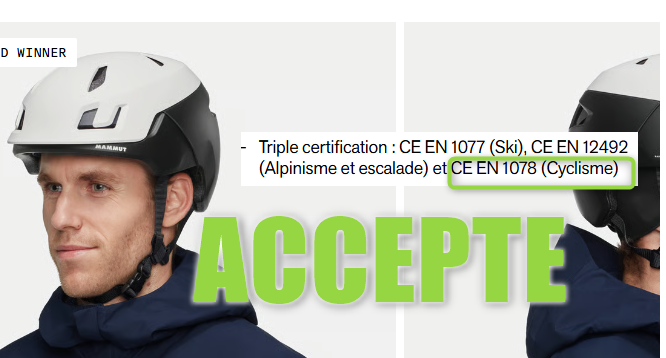 Extrait d'un catalogue de magasin présentant un casque multinorme certifié pour le ski, l'escalade et le cyclisme